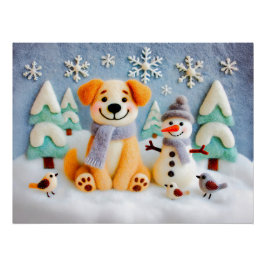 Hunde im Schnee spielen mit Schneemann und Vögeln Poster