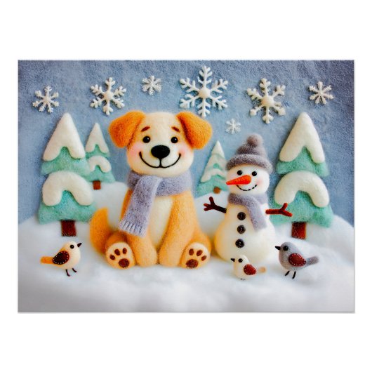 Hunde im Schnee spielen mit Schneemann und Vögeln Poster (Vorderseite)