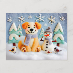 Hunde im Schnee spielen mit Schneemann und Vögeln Postkarte