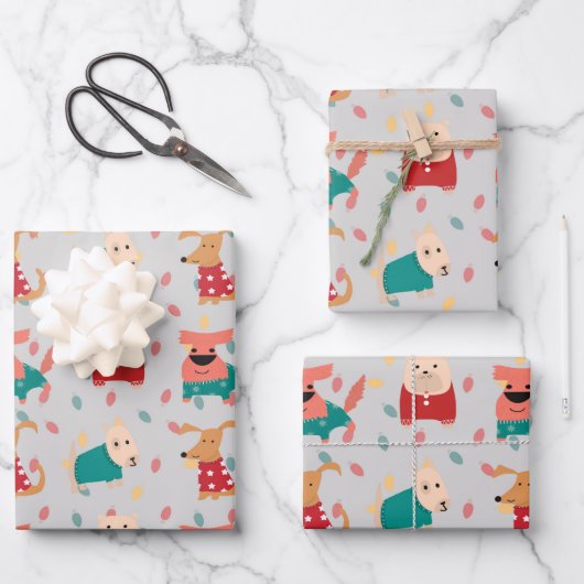 Hunde im Weihnachtsschwitzer Geschenkpapier Set (Vorderseite)