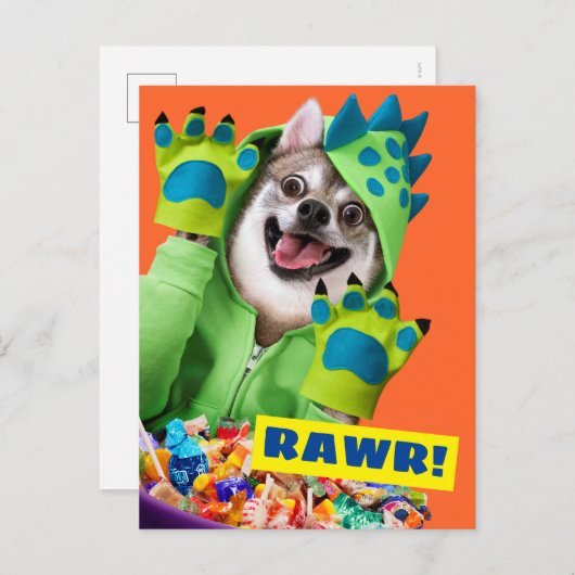 Hunde in Dinosaur-Kostüm Einladungspostkarte (Vorne/Hinten)