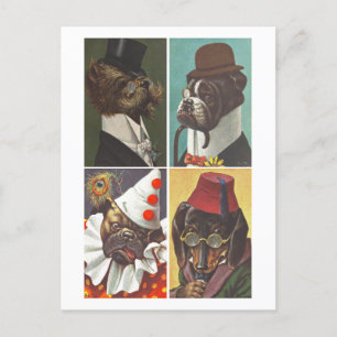 Hunde in Kleidung auf Postkarte im Vintage-Stil