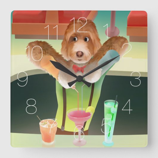 Hunde in Retro-Bar Quadratische Wanduhr (Vorderseite)