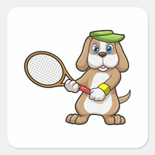 Hunde in Tennis mit Tennisschläger & Cap Quadratischer Aufkleber