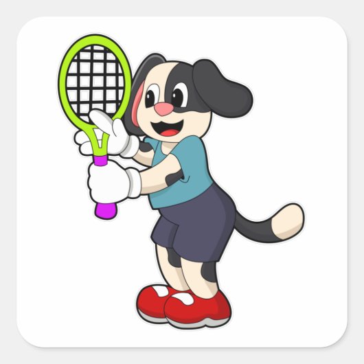 Hunde in Tennis mit Tennisschläger Quadratischer Aufkleber (Vorderseite)