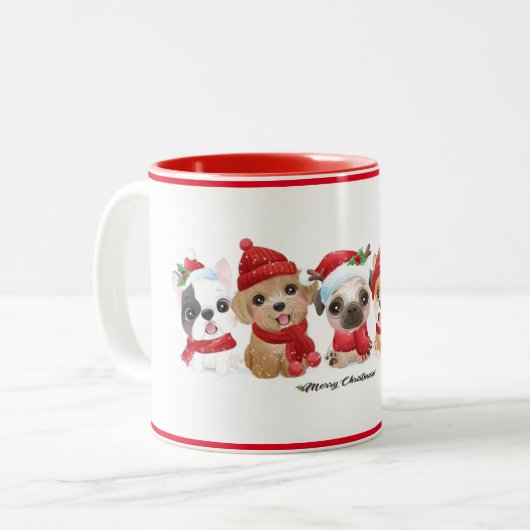 Hunde in Weihnachtsmannmützen Tiere Welpen Moderne Zweifarbige Tasse (Vorderseite Links)