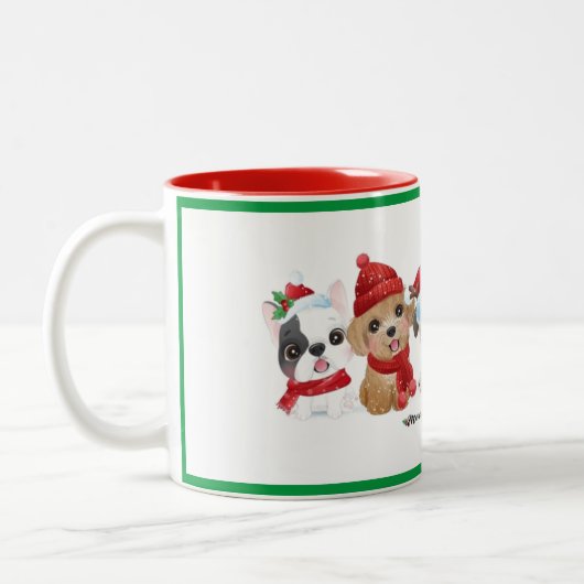 Hunde in Weihnachtsmannmützen Tiere Welpen Moderne Zweifarbige Tasse (Links)