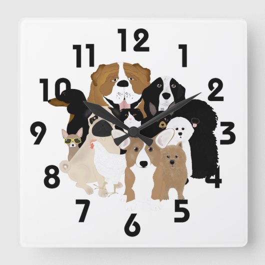 Hunde, Katze, Hühneruhr Quadratische Wanduhr (Vorderseite)