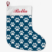 Hunde Katze Name Blue White Paw Prints Großer Weihnachtsstrumpf (Vorderseite)