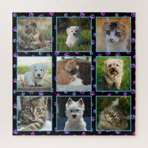Hunde Katzen Blau Lila Rosa Pfotenabdrücke Haustie Puzzle