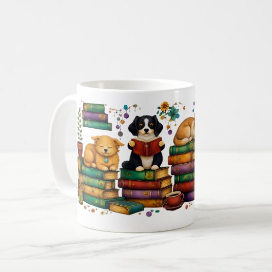 Hunde lesen Bücher Cozy Library Szene Kaffeetasse (Vorderseite Links)