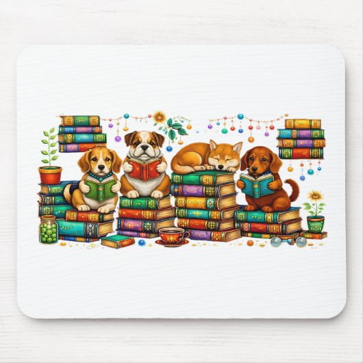 Hunde lesen Bücher Cozy Library Szene Mousepad (Vorne)
