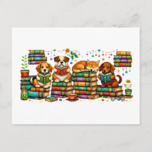 Hunde lesen Bücher Cozy Library Szene Postkarte