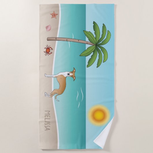 Hunde mit braunem und weißem Iggy an einem tropisc Strandtuch (Vorderseite)