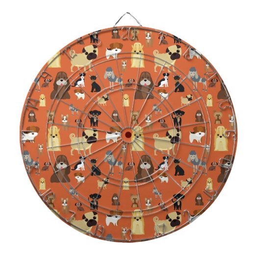 Hunde mit orangefarbenem Hintergrund. Dartscheibe (vorne)