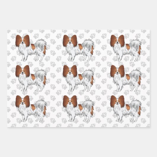 Hunde mit Pfoten, rot und weiß Papillon Geschenkpapier Set (Vorderseite 3)