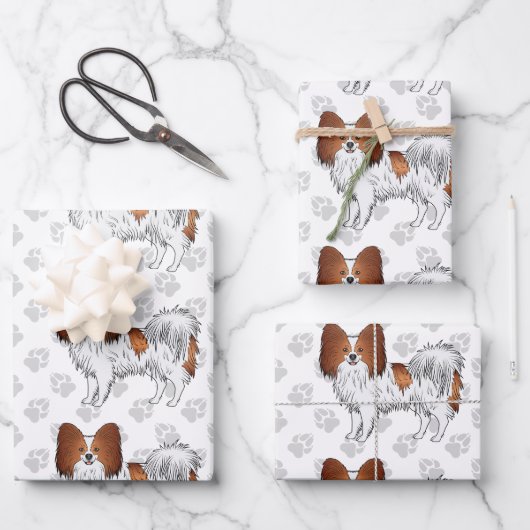 Hunde mit Pfoten, rot und weiß Papillon Geschenkpapier Set (Vorderseite)