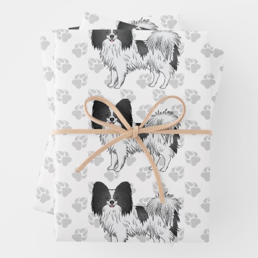 Hunde mit schwarzem und weißem Papillon Geschenkpapier Set (Beispiel)