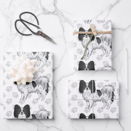 Hunde mit schwarzem und weißem Papillon Geschenkpapier Set (Vorderseite)