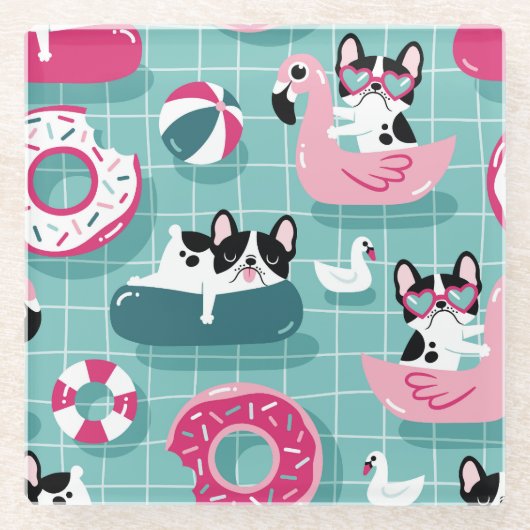 Hunde mit Schwimmbad, Vintages Muster. Glasuntersetzer (Vorderseite)