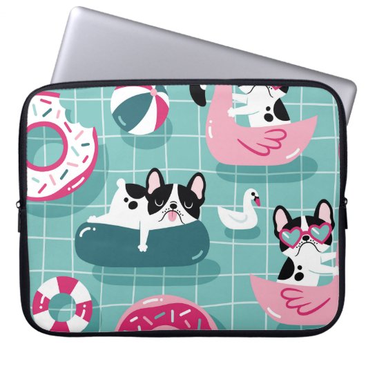 Hunde mit Schwimmbad, Vintages Muster. Laptopschutzhülle (Vorderseite)
