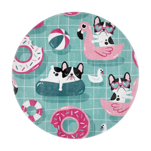 Hunde mit Schwimmbad, Vintages Muster. Schneidebrett (Vorderseite)