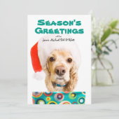 Hunde mit Weihnachtsmannmütze, halten anwesend Feiertagskarte (Stehend Vorderseite)