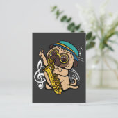 Hunde Mops Saxophon Musiker Postkarte (Stehend Vorderseite)