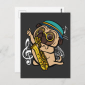 Hunde Mops Saxophon Musiker Postkarte (Vorne/Hinten)