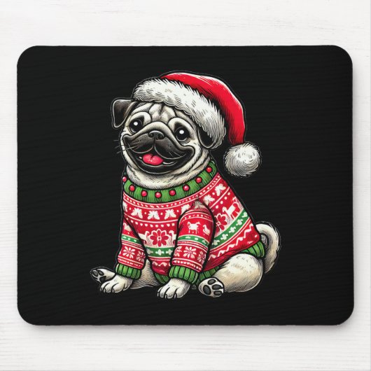 Hunde Mops Ugly Sweater Weihnachtsmannmütze Weihna Mousepad (Vorne)
