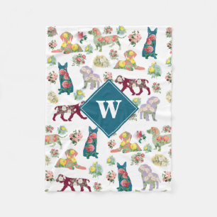 Hunde Muster und Vintage Aquarellfarben Blume Mono Fleecedecke