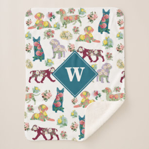 Hunde Muster und Vintage Aquarellfarben Blume Mono Sherpadecke