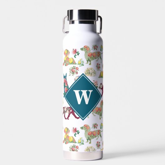 Hunde Muster und Vintage Blume Monogramm Trinkflasche (Vorne)
