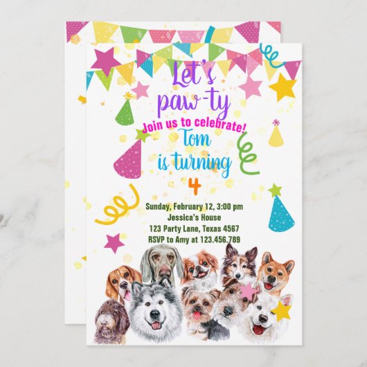 Hunde Party Einladung zum Geburtstag (Vorne/Hinten)