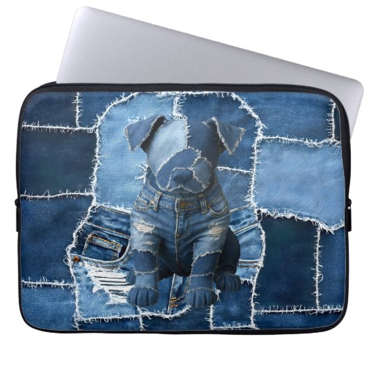Hunde-Patchwork-Kunst-Denim Laptopschutzhülle (Vorderseite)