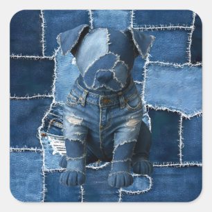 Hunde-Patchwork-Kunst-Denim Quadratischer Aufkleber