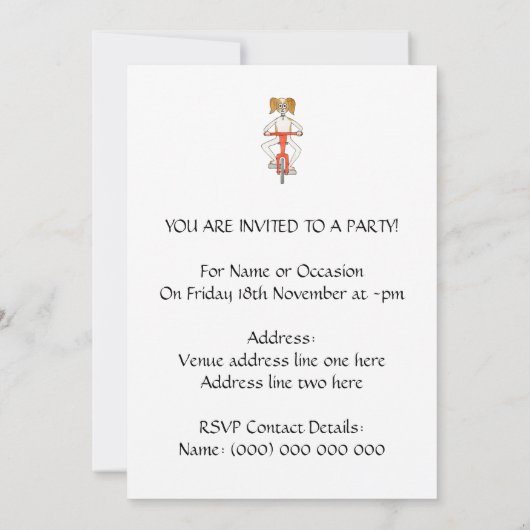 Hunde reiten ein Fahrrad. Einladung (Rückseite)