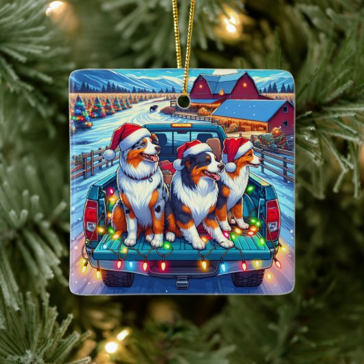 Hunde reiten im Lieferwagen LKW zu Weihnachten im  Keramikornament (Baum)