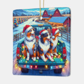 Hunde reiten im Lieferwagen LKW zu Weihnachten im Keramikornament (Links)