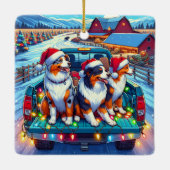 Hunde reiten im Lieferwagen LKW zu Weihnachten im Keramikornament (Rückseite)