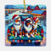 Hunde reiten im Lieferwagen LKW zu Weihnachten im Keramikornament (Vorderseite)