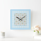 Hunde Rose Blume und Blue Karos Square Wall Clock Quadratische Wanduhr (Zuhause)