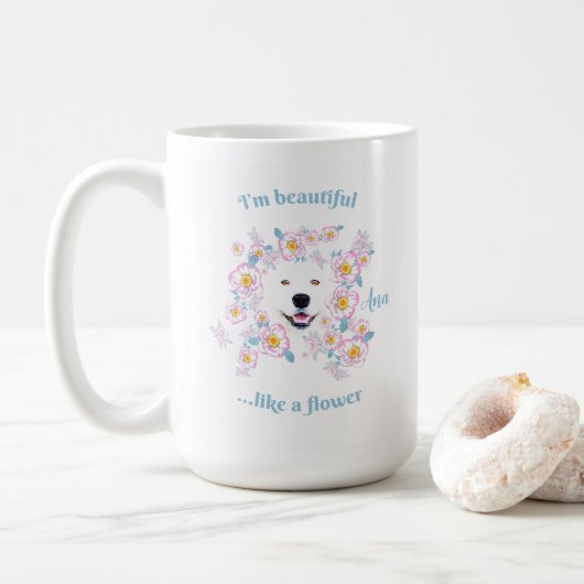 Hunde Samoyed und rosa Blume Kaffeetasse (Mit Donut)