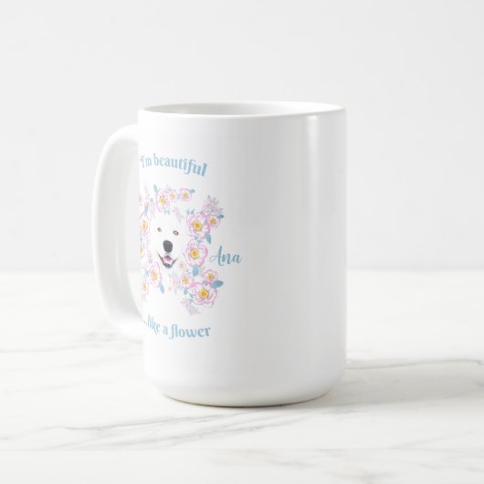 Hunde Samoyed und rosa Blume Kaffeetasse (Vorderseite Links)