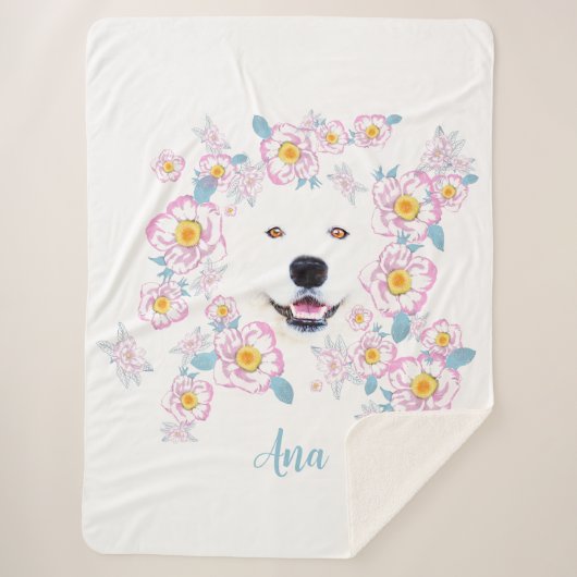 Hunde Samoyed und rosa Blume Sherpadecke (Vorderseite)