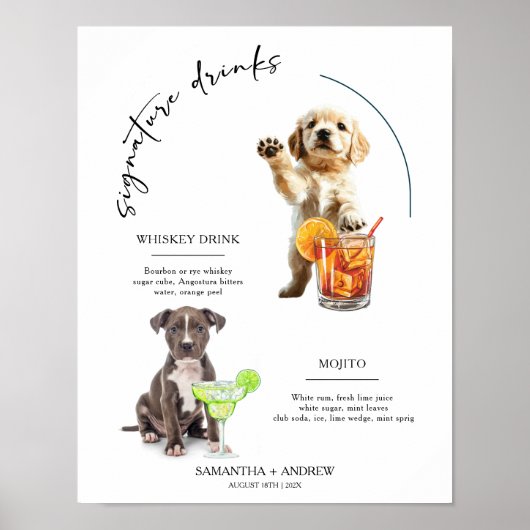 Hunde-Signatur-Drink Hochzeit Bar Drink Menü Poster (Vorne)
