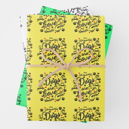 Hunde sind Liebe-Schwarzpasten und Rotkarpfen-Typo Geschenkpapier Set (Beispiel)