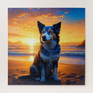 Hunde sitzen am Ocean Beach bei Sunset Puzzle