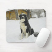 Hunde sitzen im Schnee mit Blockhütte dahinter Mousepad (Mit Mouse)