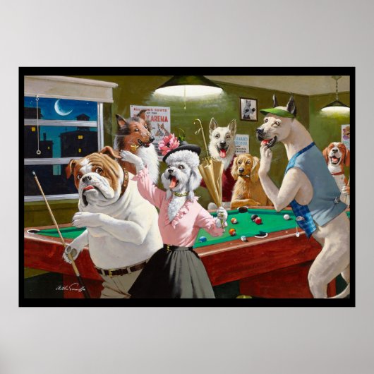 Hunde spielen Pool - bei Morgengrauen gekratzt Poster (Vorne)